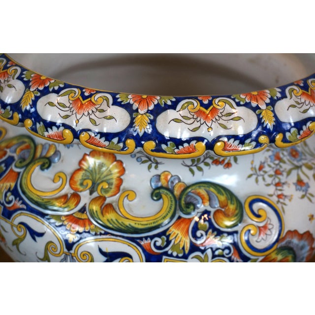 Ceramic Antique French Porcelain Faience Rouen Double Handled Urn Jardiniere Pot For Sale - Image 7 of 11