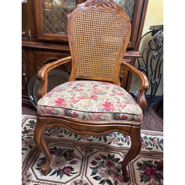 Wood Vintage Drexel Cabernet Classics Pecan Dining Table and Six Cane-Back Chairs For Sale - Image 7 of 12