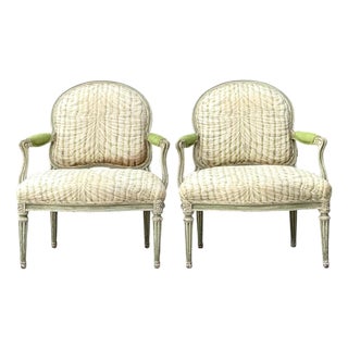 Vintage Louis XVI Style Printed Swag Armchairs - Pair For Sale