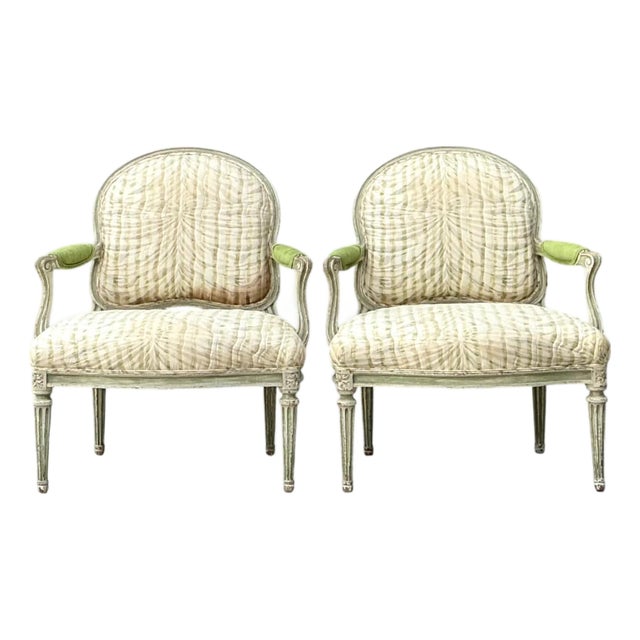 Vintage Louis XVI Style Printed Swag Armchairs - Pair For Sale