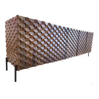 Crate & Barrel Raffael Carved Mango Wood Media Console For Sale