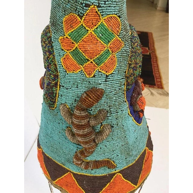 Turquoise Yoruba Beaded Headdress Crown, Antique Art on Lucite Stand For Sale - Image 8 of 12