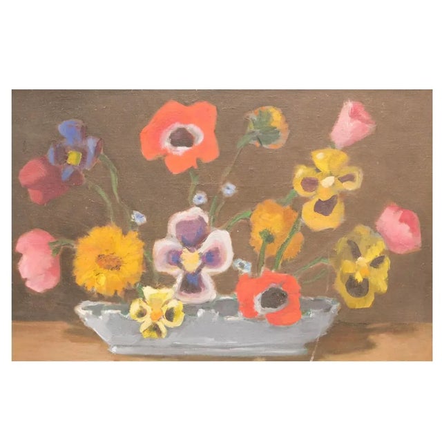 Textile Mid Century 20th C American Oil on Canvas Board Painting Signed Flowers in a Vase Still Life Floral Gilt Wood Frame For Sale - Image 7 of 12