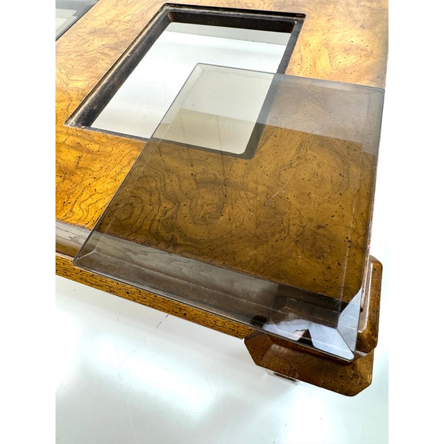 Italian Burl Wood Coffee Table in the Manner of Milo Baughman With Inset Glass Panels, 1970s For Sale - Image 13 of 14