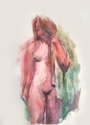 Contemporary Original Expressionist Female Nude Watercolor Painting by Valeriya Serova