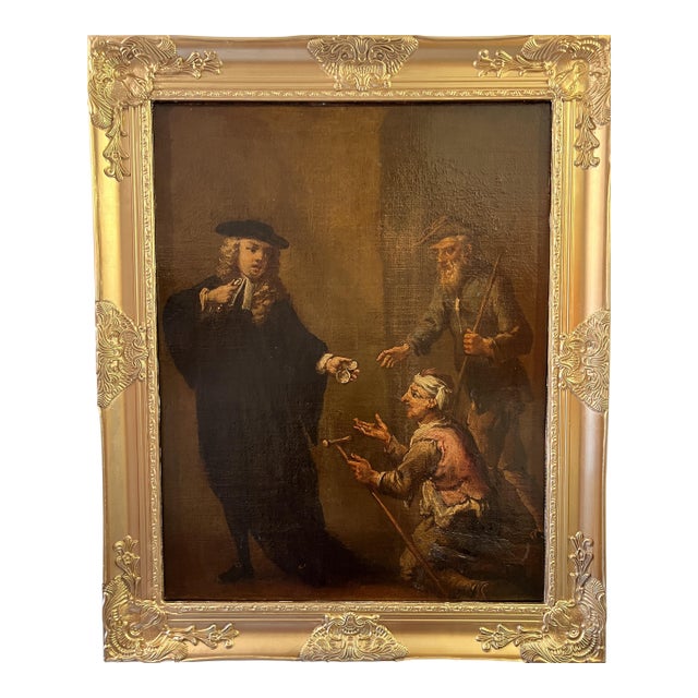Late 18th Century Original Antique Oil Painting in Canvas, Genre Scene, Gold Frame For Sale