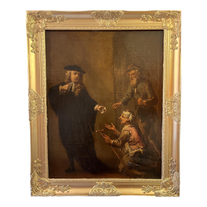 Late 18th Century Original Antique Oil Painting in Canvas, Genre Scene, Gold Frame