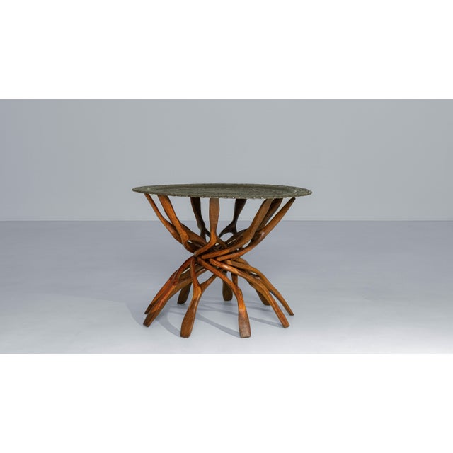 Wood 1960s African Hand-Carved Interlocking Wooden Table With Brass Top For Sale - Image 7 of 18