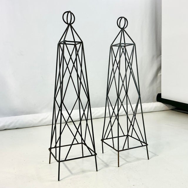1980s Vintage French Brutalist Criss-Cross Tower Topiary Trellise Frames - A Pair For Sale - Image 4 of 9