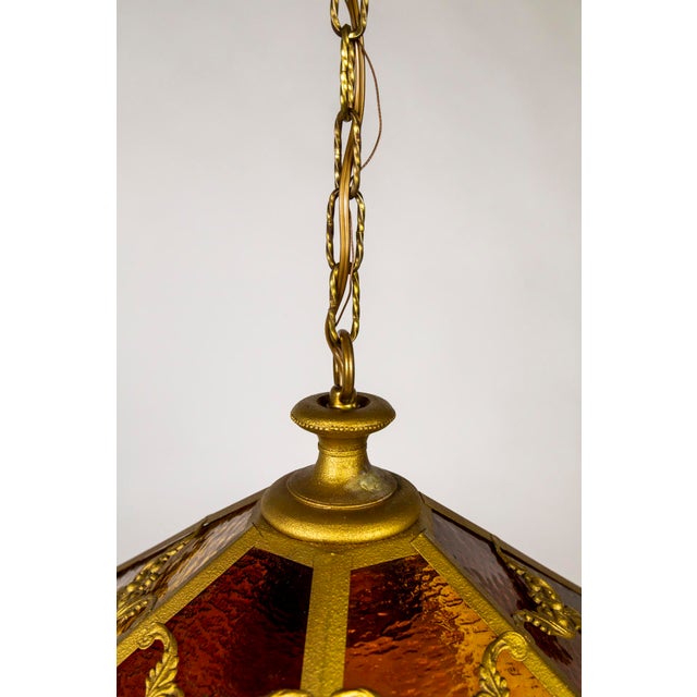 Mid 20th Century Paneled Amber Glass Pendant Light With Crystal Accents For Sale - Image 11 of 13
