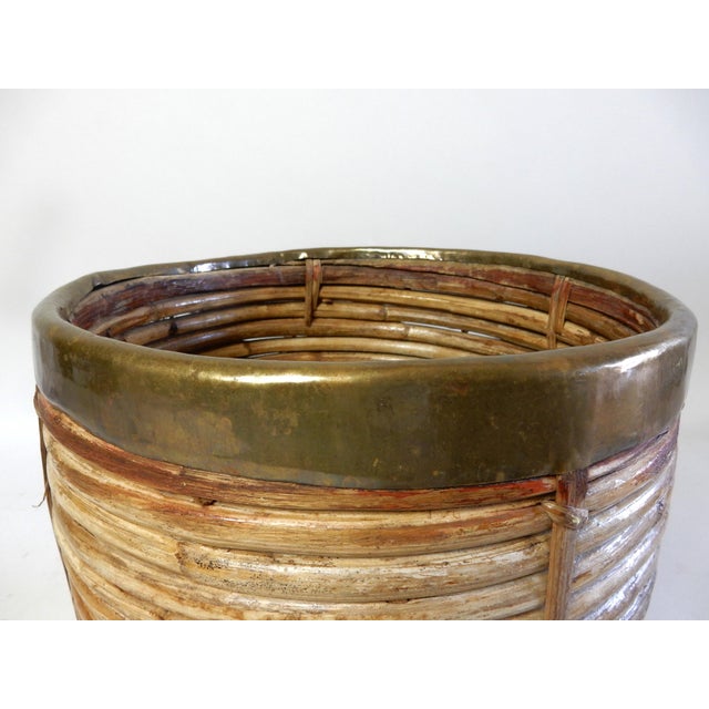 Gabriella Crespi 1960's Italian Sculpted Pencil Reed Rattan Planter With Hammered Brass Trim For Sale - Image 4 of 5