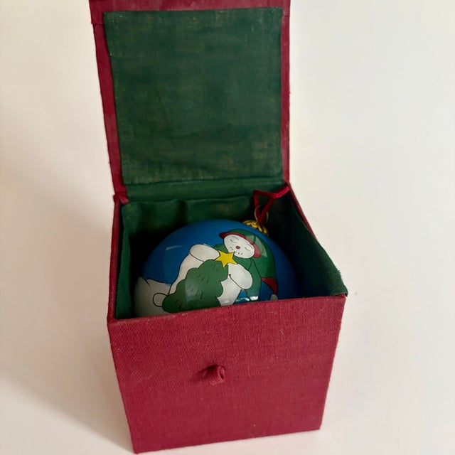 1980s Vintage Li Bien Style Hand-Painted Snowman Glass Christmas Ornament With Original Box For Sale - Image 5 of 9