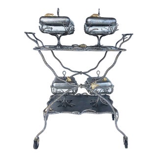Fantasy Studio Pewter Serving Cart W Frog Covered Serving Dishes Set of 5 For Sale