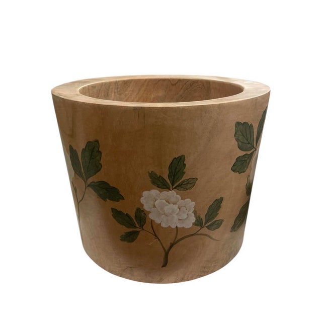 Hand-Painted Floral Wood Cachepot With Peony Motif For Sale In West Palm - Image 6 of 8