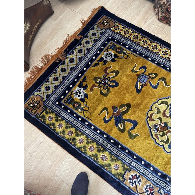 1950s Exquisite Vintage 1950s Silk-on-Silk Chinese Art Deco Rug 4.1' X 7.3' (125cm X 222cm) For Sale - Image 5 of 13