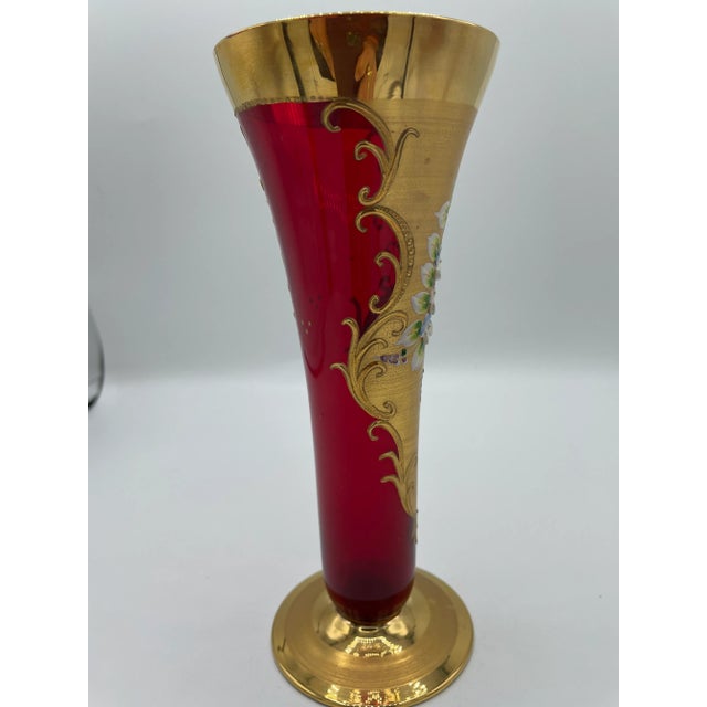 Late 19th Century Moser Style Cranberry Glass Vase With Gilt and Applied Floral Decoration For Sale In Philadelphia - Image 6 of 11
