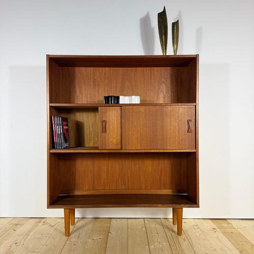 Wood Danish Teak Bookcase with Sliding Doors, 1960s For Sale - Image 7 of 7
