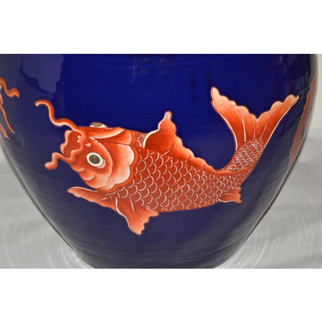 Ceramic Vintage Marked Chinese Porcelain Floral Planter Blue & White Golden Koi Fish For Sale - Image 7 of 12