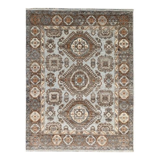 6x9 Sloane Kazak Blue Ivory Transitional Medallion Modern Hand Knotted Wool Rug For Sale