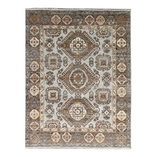 6x9 Sloane Kazak Blue Ivory Transitional Medallion Modern Hand Knotted Wool Rug For Sale