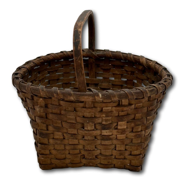 American Excellent Small Size Antique New England American Hand Woven Ash Wood Splint Berry Gathering Basket For Sale - Image 3 of 18