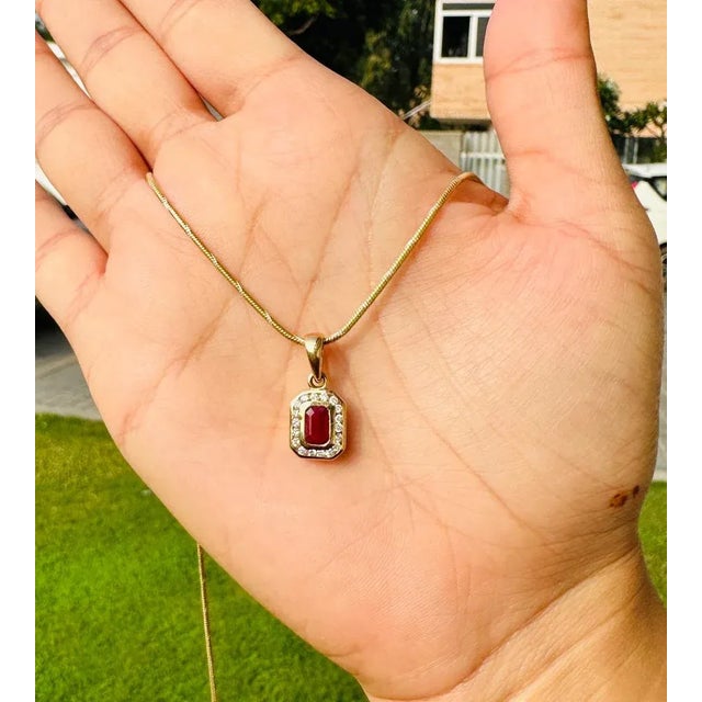 Art Deco Octagon Ruby and Diamond Halo Pendant in 14k Yellow Gold For Sale - Image 4 of 9