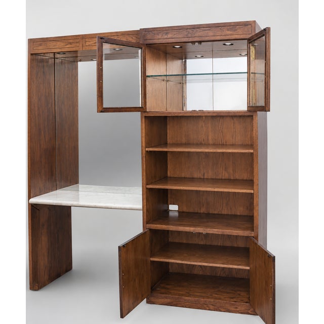 Wood 1970s Campaign Vintage Henredon Oak Wall Unit With Marble Counter and Mirrored Cabinets For Sale - Image 7 of 12
