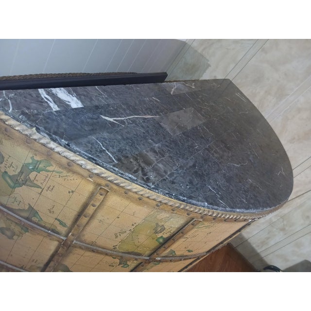 1950s Vintage Brass Marble Wood and Leather World Map Large Half Circle Dry Bar For Sale - Image 4 of 18