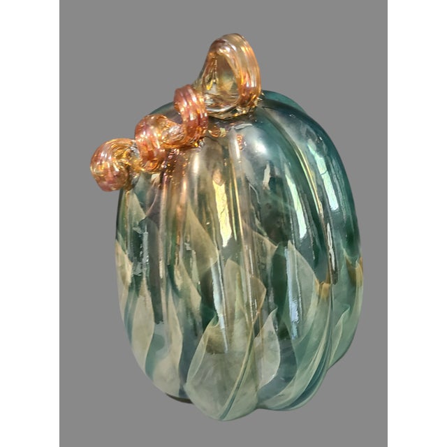 Late 20th Century Late 20th Century Art Glass Hand Blown Teal Blue & Gold Iridescent Decorative Pumpkin For Sale - Image 5 of 8
