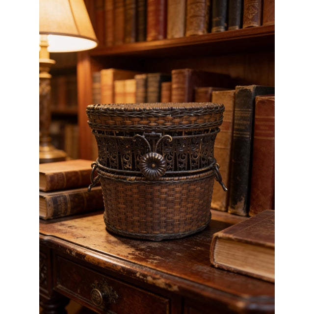 Wood Vintage Woven Rattan & Ornate Metal Storage Basket Chest For Sale - Image 7 of 7