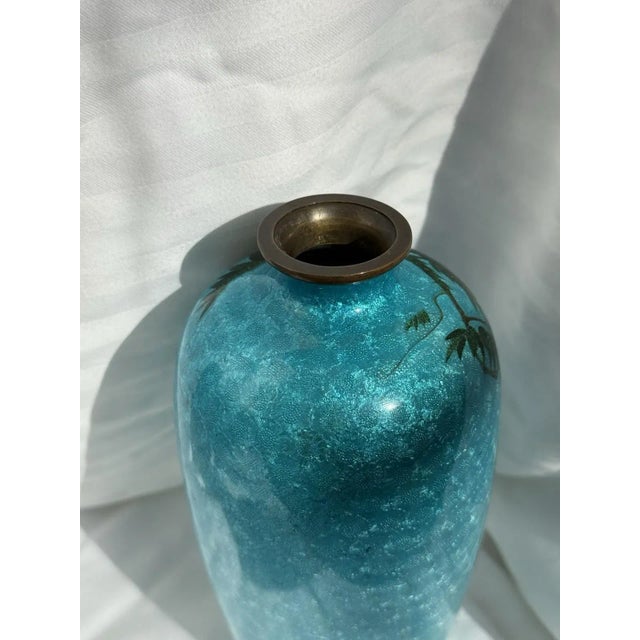 Blue Japanese Cloisonne Enamel Vase Wisteria Ice Blue Ground 7 in Antique Meiji Era For Sale - Image 8 of 14