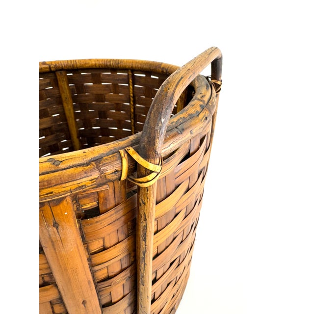 Rustic European Vintage Handwoven Split Bamboo Gathering Basket With Bentwood Handles For Sale - Image 3 of 9