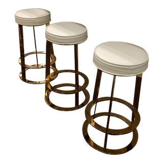 Modern Brass & Leather Counter Stools - Set of 3 For Sale