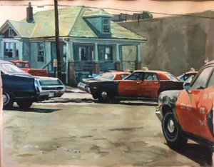 Val Lewton American Street Scene Painting, Landscape with Taxi Cabs, 1983