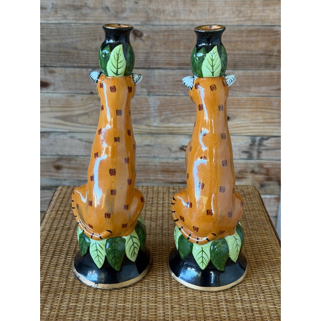 2000 - 2009 Vintage Regency Leopard Figural Ceramic Candlestick Holders Manner of Lynn Chase-Pair For Sale - Image 5 of 12