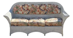 Antique Victorian White Wicker Rattan Sunroom Patio Sofa W/ Loose Cushions