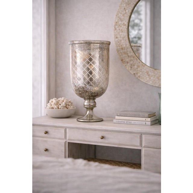 Late 20th Century Large Etched Mercury Glass Urn Vase — Overscale Pedestal Form With Diamond Lattice | Designer Statement Accent For Sale In Los Angeles - Image 6 of 6