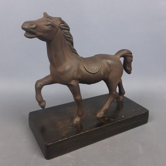 Vintage Cast Iron Horse Sculpture on Wooden Base, 1950s For Sale - Image 7 of 16