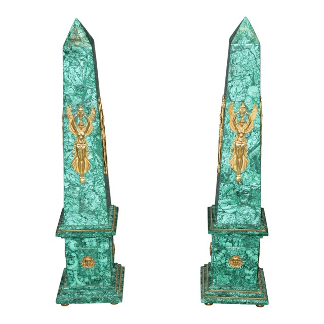 Palatial Pair of French Empire Style Malachite and Bronze Mounted Obelisks For Sale