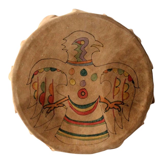 Vintage Hand-Painted Leather Drum For Sale