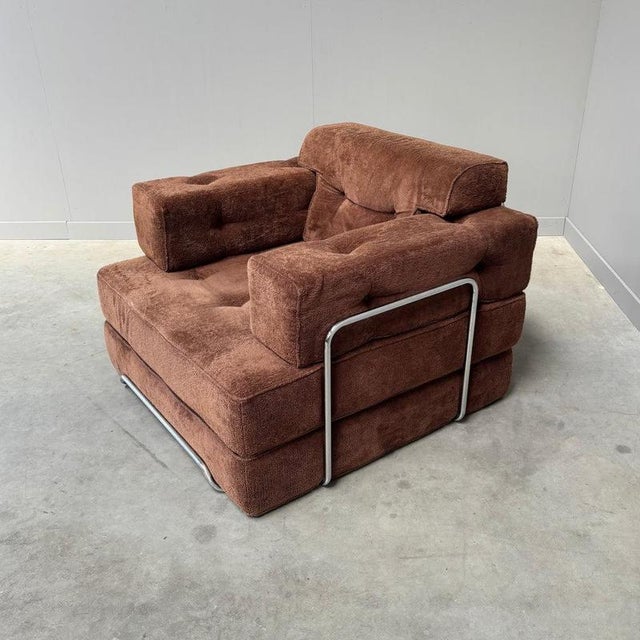 Remarks: Retro armchair / daybed, 1970s. Chrome tubular frame with teddy fabric upholstery. Chair is in very good...