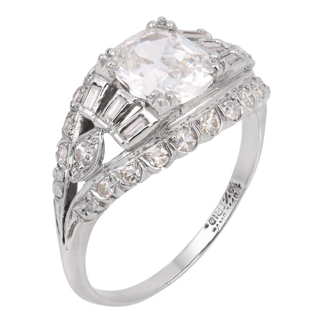 1930s Art Deco Gia 1.51 Carat Old Mine Cut Diamond Platinum Engagement Ring, Size 8 For Sale