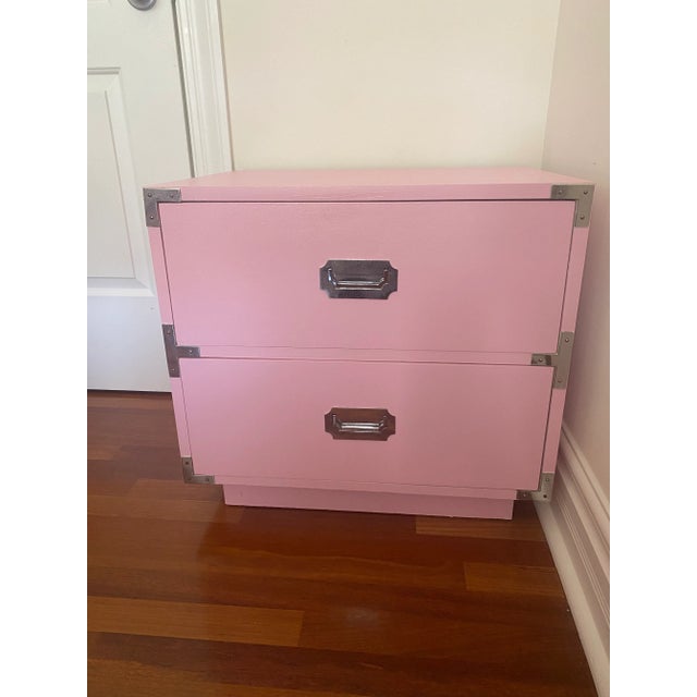 Dixie Campaigner newly painted gloss pink nightstand on plinth base with two large dovetailed drawers that are sturdy and...