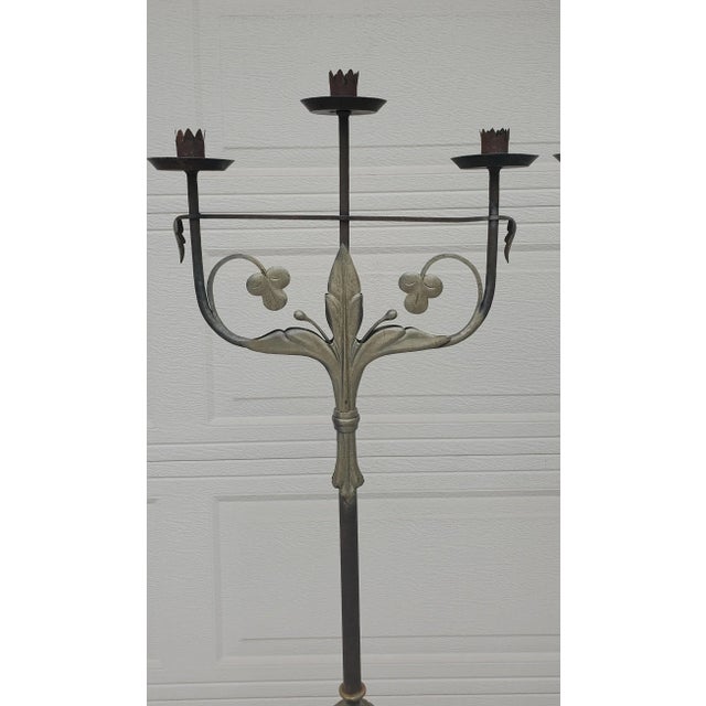 Metal Pair of 1920s Antique Wrought Iron Torchiere Candelabras Floor Candle Stands For Sale - Image 7 of 12