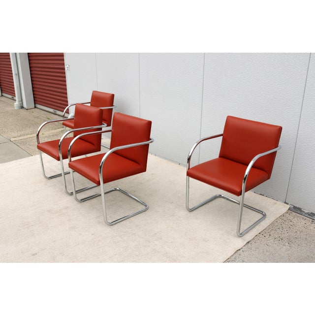 Bauhaus Ludwig Mies Van Der Rohe Brno Tubular Chairs in Orange Vinyl by Gordon, Set of 4 For Sale - Image 3 of 18