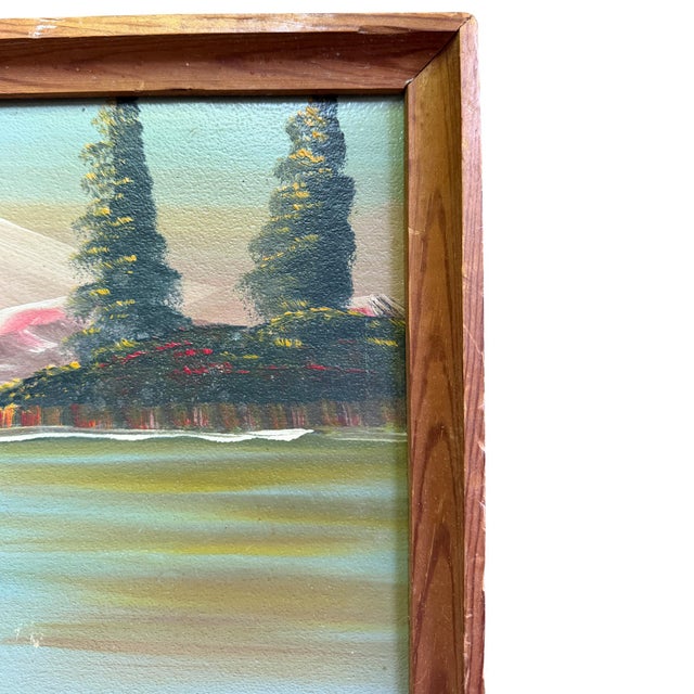 Mid-Century Modern Mid-Century Folk Art Mountain Cabin Landscape Oil Painting in Walnut Frame For Sale - Image 3 of 11