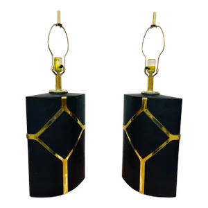 Post Modern Clover Lamp Company Black & Brass Table Lamps - Set of 2