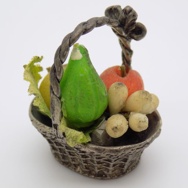 Vintage Italian Handmade Genuine Silver & Salt Dough Fruit Basket Dollhouse Miniature Made in Tuscany 1970s For Sale - Image 6 of 9