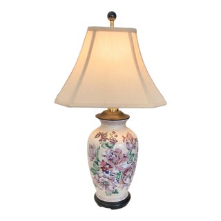 Vintage Hand‑Painted Chinese Peony Porcelain Ginger Jar Lamp With Vintage Silk Shade for Palm Beach Chic, Grandmillennial & Chinoiserie - See Pics! For Sale