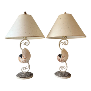 Seashell Encrusted Nautilus Shell Iron Scroll Table Lamps; A Pair